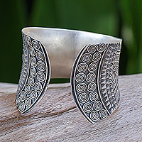 Silver cuff bracelet, 'Ancestor Treasure' - Silver Cuff Bracelet with Hill Tribe Motifs from Thailand