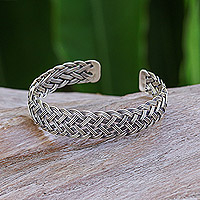 Silver cuff bracelet, 'Dazzling Ties' - Silver Cuff Bracelet with Polished Basketweave Pattern