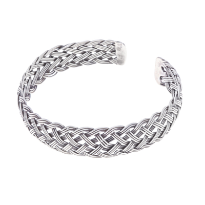 Brazalete de plata - Brazalete brazalete de plata con motivo de tejido de cesta pulido