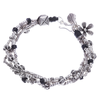 Agate and silver beaded charm bracelet, 'Call for Harmony' - Hill Tribe-Themed Agate and Silver Beaded Charm Bracelet
