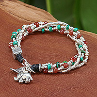 Carnelian and silver beaded charm bracelet, 'Call for Courage' - Hill Tribe-Themed Carnelian and Silver Beaded Charm Bracelet