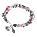 Carnelian and silver beaded charm bracelet, 'Call for Courage' - Hill Tribe-Themed Carnelian and Silver Beaded Charm Bracelet