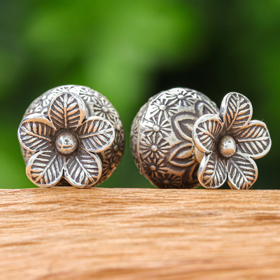 Silver button earrings, 'Thailand's Blossom' - Floral Traditional Silver Button Earrings from Thailand