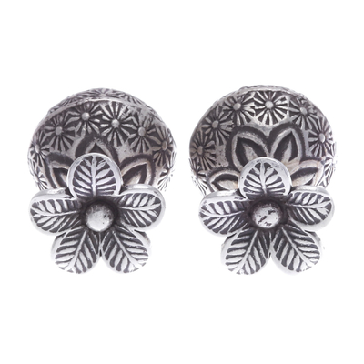 Silver button earrings, 'Thailand's Blossom' - Floral Traditional Silver Button Earrings from Thailand