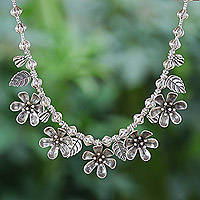 Silver beaded pendant necklace, 'Ethereal Season' - Leafy and Flower-Themed Silver Beaded Pendant Necklace