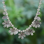 Silver beaded pendant necklace, 'Ethereal Season' - Leafy and Flower-Themed Silver Beaded Pendant Necklace