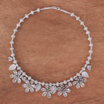 Silver beaded pendant necklace, 'Ethereal Season' - Leafy and Flower-Themed Silver Beaded Pendant Necklace