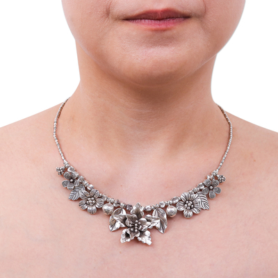 Silver beaded pendant necklace, 'Exuberant Bouquet' - Thai Floral Hill Tribe 950 Silver Beaded Pendant Necklace
