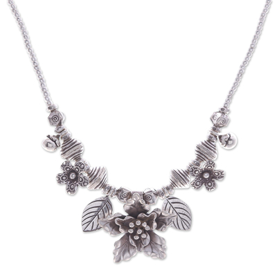 Silver beaded pendant necklace, 'Exotic Bouquet' - Floral & Leaf Hill Tribe 950 Silver Beaded Pendant Necklace