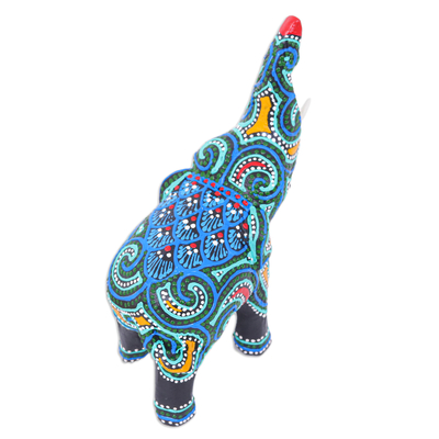 Wood figurine, 'Hypnotic Elephant' - Thai Elephant Figurine Hand-Painted in Black Blue and Aqua