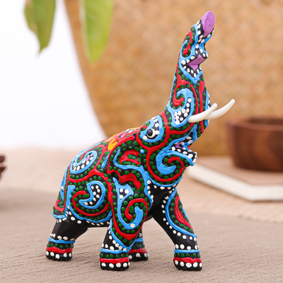 Wood figurine, 'Alluring Elephant' - Thai Elephant Figurine Hand-Painted in Black Blue and Green