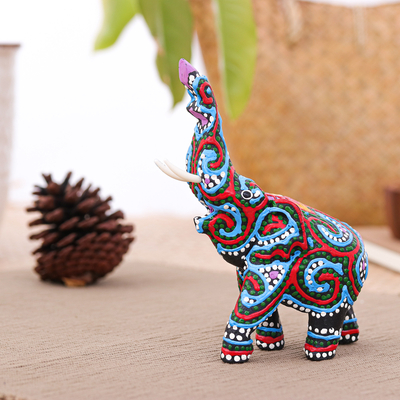 Wood figurine, 'Alluring Elephant' - Thai Elephant Figurine Hand-Painted in Black Blue and Green