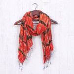 Tie-dyed silk scarf, 'Flames & Fashion' - Handmade Orange and Red Tie-dyed Silk Scarf with Fringes