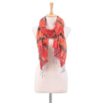 Tie-dyed silk scarf, 'Flames & Fashion' - Handmade Orange and Red Tie-dyed Silk Scarf with Fringes