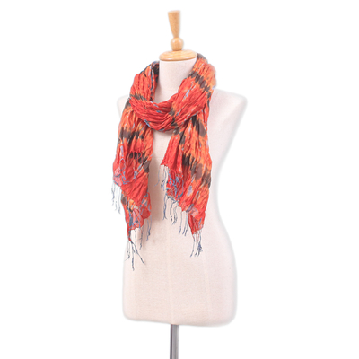 Fular de seda teñido anudado - Pañuelo de seda teñido anudado en naranja y rojo hecho a mano con flecos