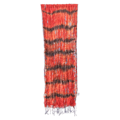 Tie-dyed silk scarf, 'Flames & Fashion' - Handmade Orange and Red Tie-dyed Silk Scarf with Fringes