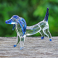 Figura de vidrio soplado a mano, 'Intuition Dachshund' - Figura de perro Dachshund de vidrio azul oscuro soplado a mano