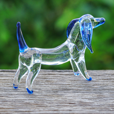 Handblown glass figurine, 'Intuition Dachshund' - Handblown Dark Blue Glass Dachshund Dog Figurine