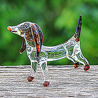 Handblown glass figurine, 'Courage Dachshund' - Handblown Brown Glass Dachshund Dog Figurine