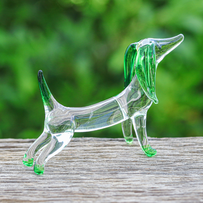 Handblown glass figurine, 'Hope Dachshund' - Handblown Green Glass Dachshund Dog Figurine