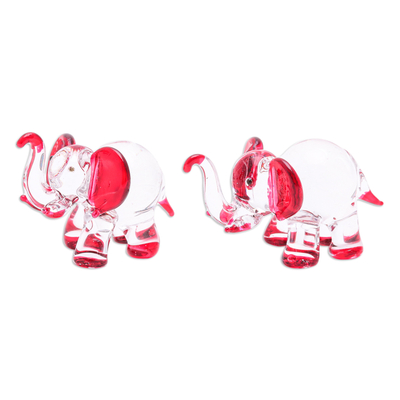 Handblown glass figurines, 'Passion Trunks' (set of 2) - Set of 2 Elephant-Themed Handblown Glass Figurines in Red