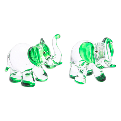 Handblown glass figurines, 'Hope Trunks' (set of 2) - Set of 2 Elephant-Themed Handblown Glass Figurines in Green