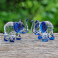 Handblown glass figurines, 'Intuition Trunks' (set of 2) - Set of 2 Elephant-Themed Handblown Glass Figurines in Blue
