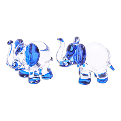 Figuras de vidrio soplado a mano, (juego de 2) - Juego de 2 figuras de vidrio soplado a mano con temática de elefantes en azul