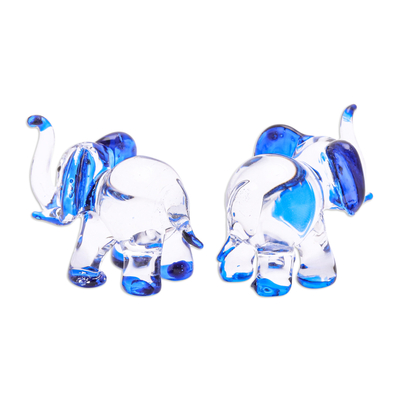 Figuras de vidrio soplado a mano, (juego de 2) - Juego de 2 figuras de vidrio soplado a mano con temática de elefantes en azul