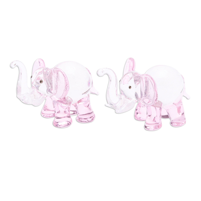 Figuras de vidrio soplado a mano, (par) - Par de figuras de elefantes de vidrio soplado a mano en tonos rosados