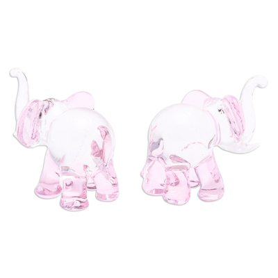 Figuras de vidrio soplado a mano, (par) - Par de figuras de elefantes de vidrio soplado a mano en tonos rosados