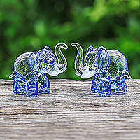 Handblown glass figurines, 'The Blue Giants' (pair) - Pair of Blue-Toned Handblown Glass Elephant Figurines