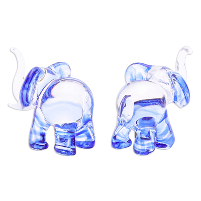 Figuras de vidrio soplado a mano, (par) - Par de figuras de elefantes de vidrio soplado a mano en tonos azules