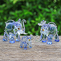 Handblown glass figurines, 'Giant Family in Blue' (set of 3) - Set of 3 Handblown Elephant Family Glass Figurines in Blue
