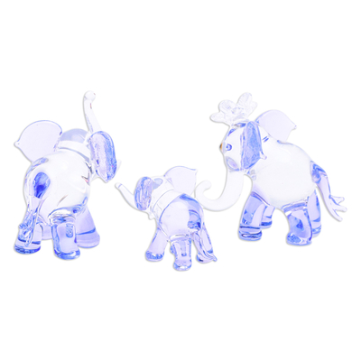 Figuras de vidrio soplado a mano, (juego de 3) - Juego de 3 figuras de vidrio sopladas a mano de la familia de elefantes en azul