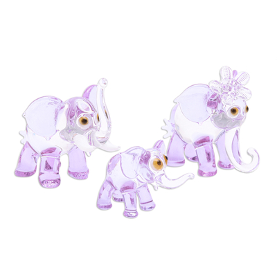 Handblown glass figurines, 'Giant Family in Purple' (set of 3) - Set of 3 Handblown Elephant Family Glass Figurines in Purple