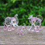 Handblown glass figurines, 'Giant Family in Pink' (set of 3) - Set of 3 Handblown Elephant Family Glass Figurines in Pink
