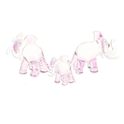 Handblown glass figurines, 'Giant Family in Pink' (set of 3) - Set of 3 Handblown Elephant Family Glass Figurines in Pink