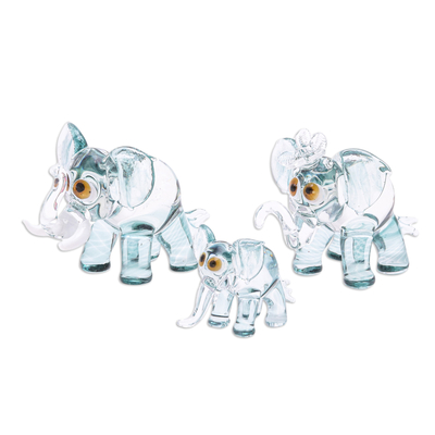 Mundgeblasene Glasfiguren, (3er-Set) - Set mit 3 mundgeblasenen Elefantenfamilien-Glasfiguren in Grün