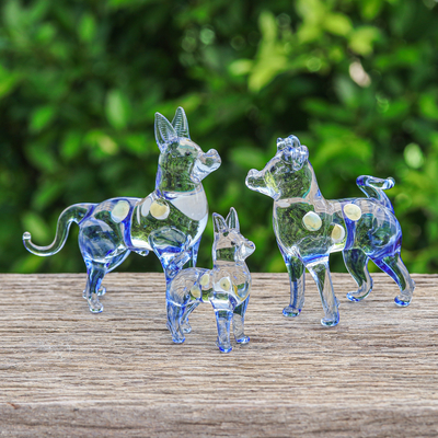 Mundgeblasene Glasfiguren, (3er-Set) - Set mit 3 blauen mundgeblasenen Ridgeback-Hundefiguren aus Glas