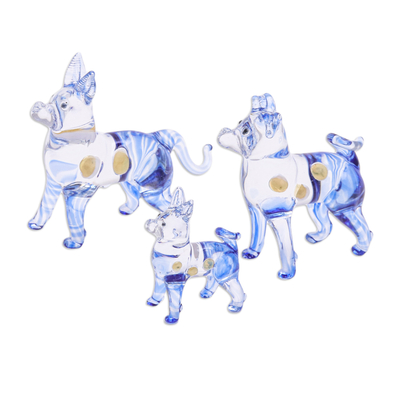 Mundgeblasene Glasfiguren, (3er-Set) - Set mit 3 blauen mundgeblasenen Ridgeback-Hundefiguren aus Glas