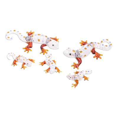 Figuras de vidrio soplado a mano, (juego de 5) - Juego de 5 figuras de Gecko de vidrio soplado a mano en tonos cálidos