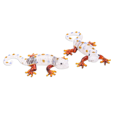 Figuras de vidrio soplado a mano, (juego de 5) - Juego de 5 figuras de Gecko de vidrio soplado a mano en tonos cálidos