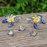 Handblown glass figurines, 'Turtle Gathering' (set of 5) - Set of 5 Handmade Glass Turtle Figurines in Blue and Yellow