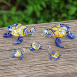 Handblown glass figurines, 'Turtle Gathering' (set of 5) - Set of 5 Handmade Glass Turtle Figurines in Blue and Yellow