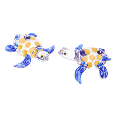 Handblown glass figurines, 'Turtle Gathering' (set of 5) - Set of 5 Handmade Glass Turtle Figurines in Blue and Yellow