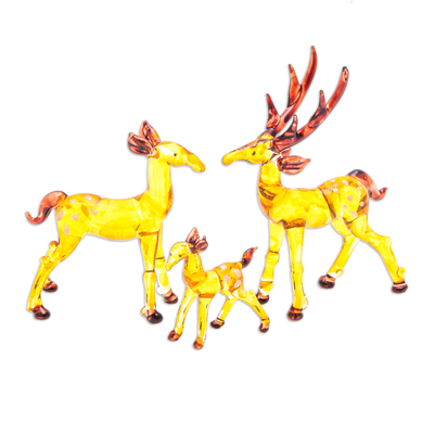 Handblown glass figurines, 'Deer Lineage' (set of 3) - Set of 3 Handblown Glass Deer Figurines in Yellow and Brown