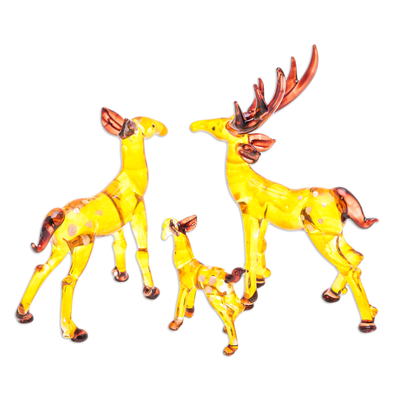 Handblown glass figurines, 'Deer Lineage' (set of 3) - Set of 3 Handblown Glass Deer Figurines in Yellow and Brown