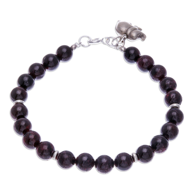 Garnet beaded charm bracelet, 'Passionate Grace' - Natural Garnet Beaded Bracelet with Elephant Charm