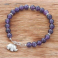 Amethyst beaded charm bracelet, 'Wise Grace' - Handmade Amethyst Beaded Bracelet with Elephant Charm